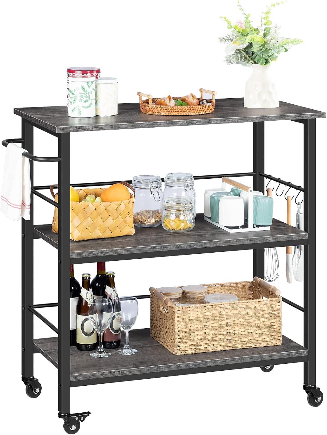 imageHOOBRO Kitchen Island with Storage Industrial Kitchen Counter with Hooks and Side Enclosures 3 Tier Kitchen Cart with Large Workstation Saving Space Easy Assembly Rustic Brown and Black BF03ZD01Charcoal Gray Black