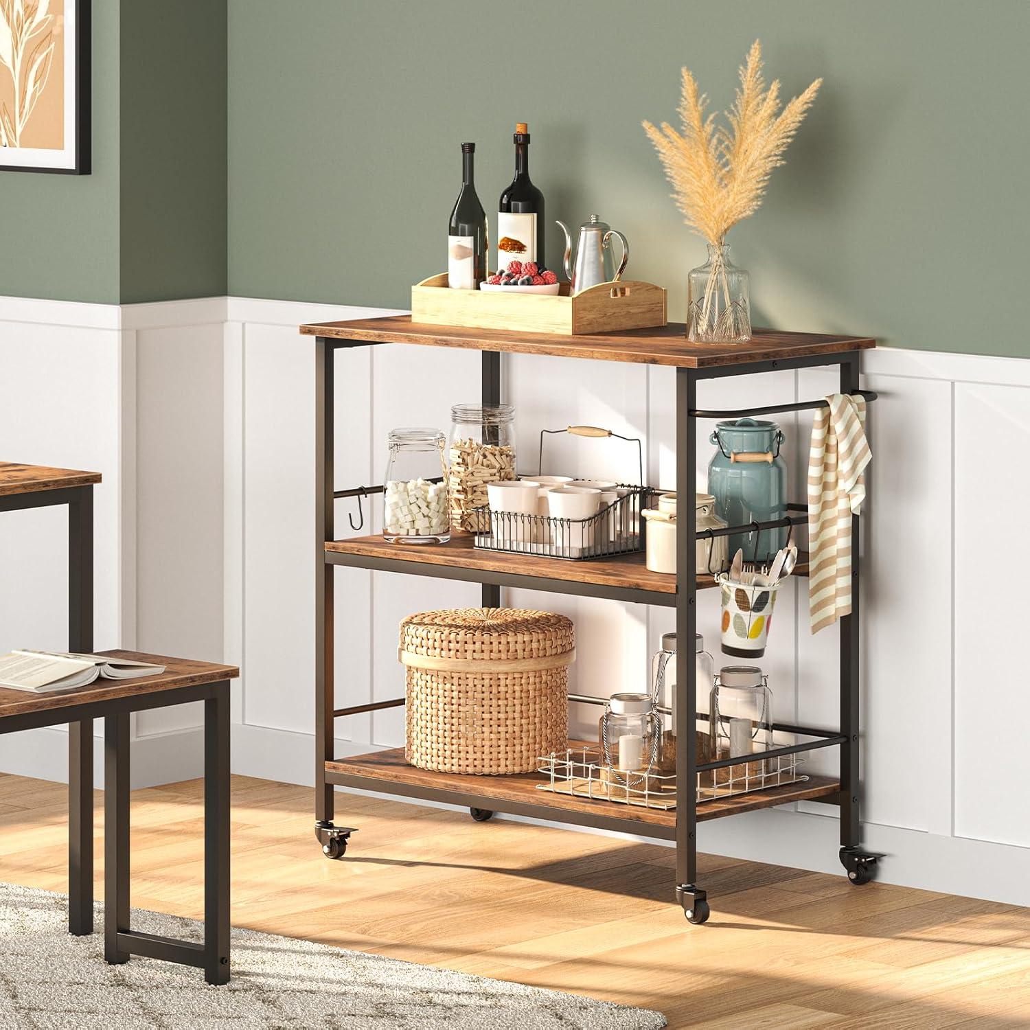 imageHOOBRO Kitchen Island with Storage Industrial Kitchen Counter with Hooks and Side Enclosures 3 Tier Kitchen Cart with Large Workstation Saving Space Easy Assembly Rustic Brown and Black BF03ZD01Rustic Brown Black
