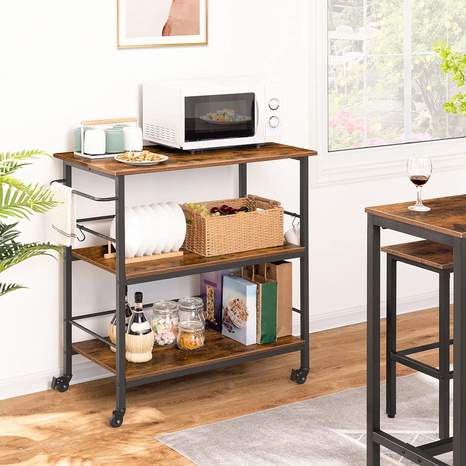 imageHOOBRO Kitchen Island with Storage Industrial Kitchen Counter with Hooks and Side Enclosures 3 Tier Kitchen Cart with Large Workstation Saving Space Easy Assembly Rustic Brown and Black BF03ZD01Rustic Brown Black