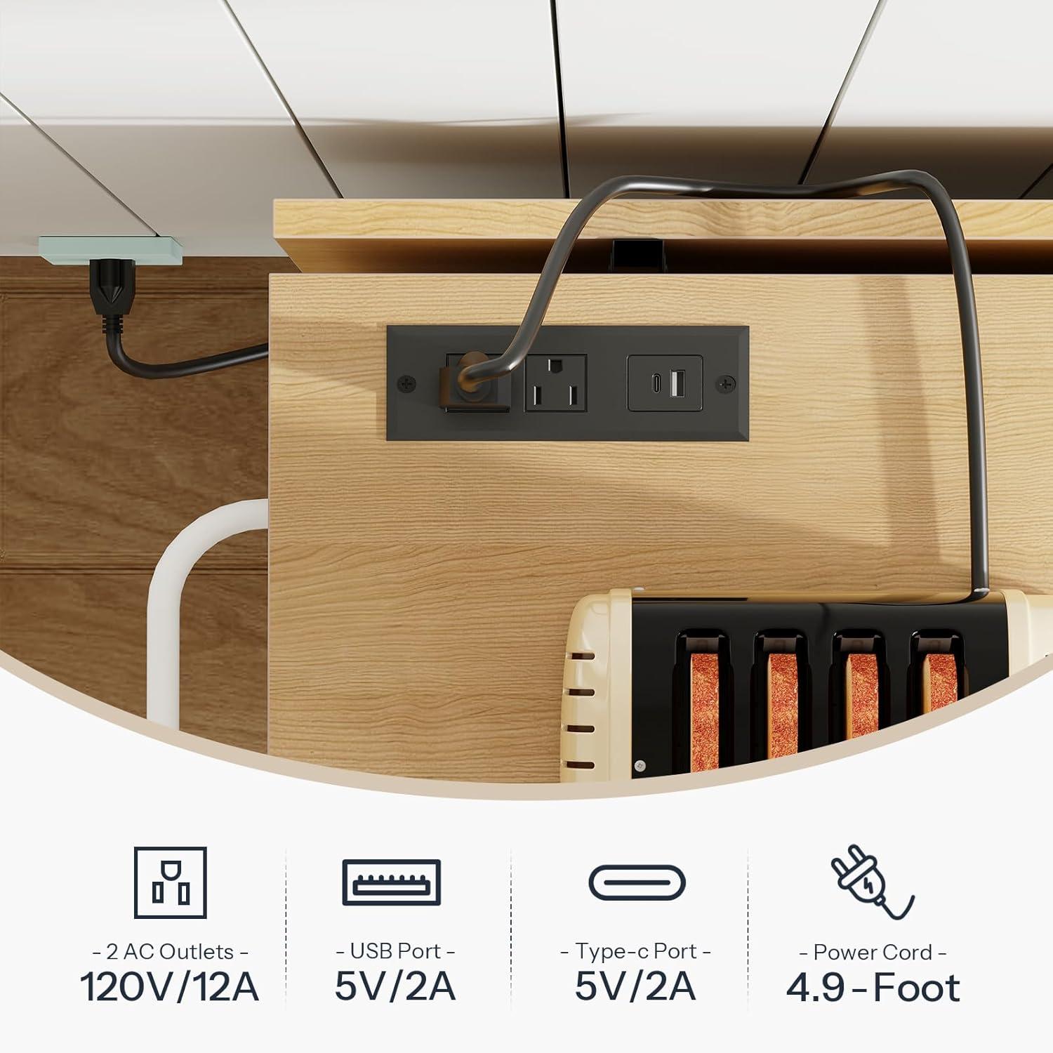 imageHOOBRO Kitchen Island with Storage Rolling Kitchen Island with Trash Can Storage Island Table with Power Outlet amp Drop Leaf Towel Rack for Dining Room White and Natural WN50UZD01