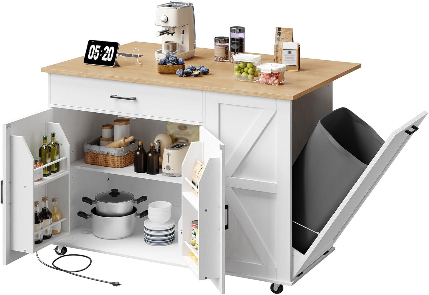 imageHOOBRO Kitchen Island with Storage Rolling Kitchen Island with Trash Can Storage Island Table with Power Outlet amp Drop Leaf Towel Rack for Dining Room White and Natural WN50UZD01
