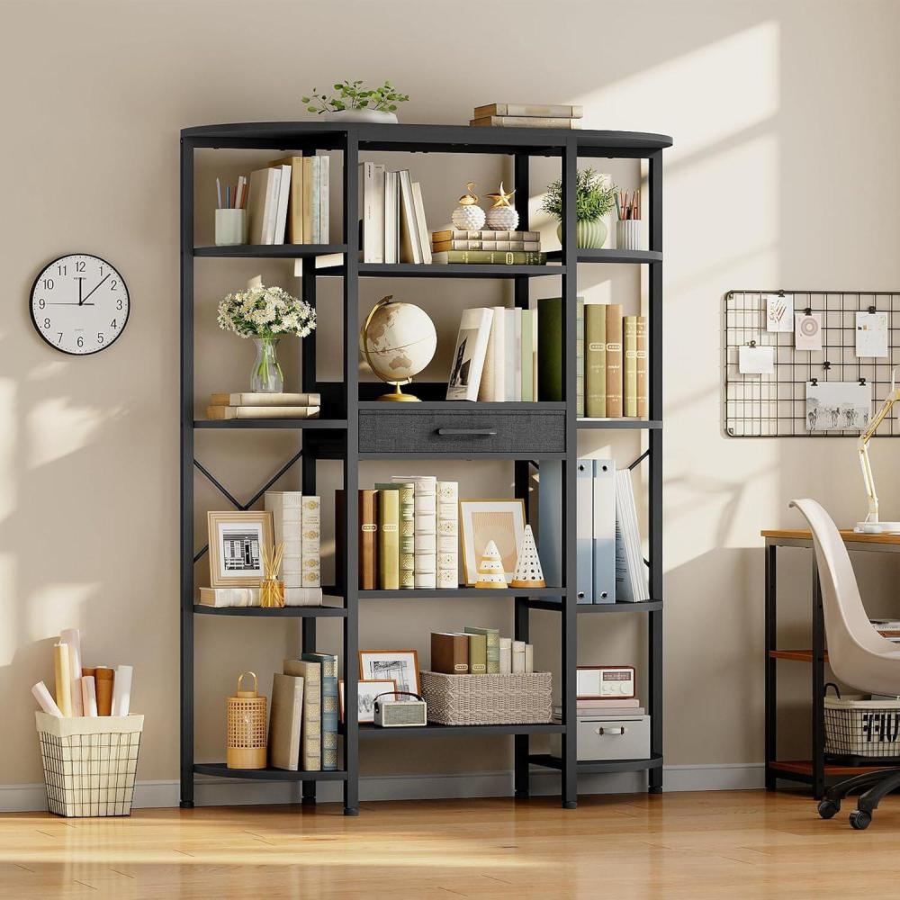 imageHOOBRO Triple Column 5 Tier Book Shelf Industrial Bookcase with 12 Open Shelves and Fabric Drawer Storage Rack Display Shelf Tall Bookshelf for Home Office Living Room Black BB161SJ01