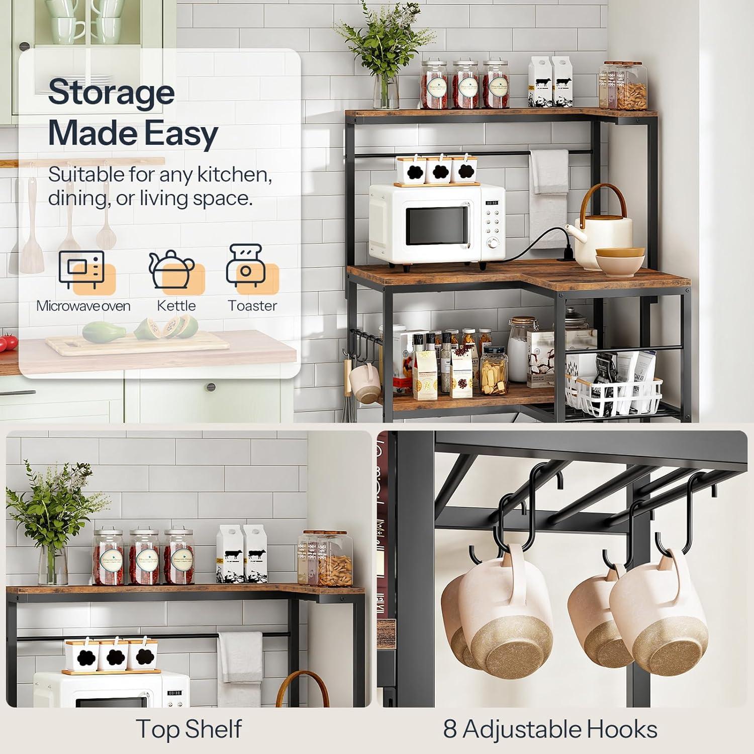 imageHOOBRO LShaped Bakers Rack with Power Outlet 4Tier Corner Microwave Stand with Storage Coffee Bar Station with 8 Hooks Kitchen Shelf Rack 2 Installation Methods Rustic Brown and Black BF20UHB01