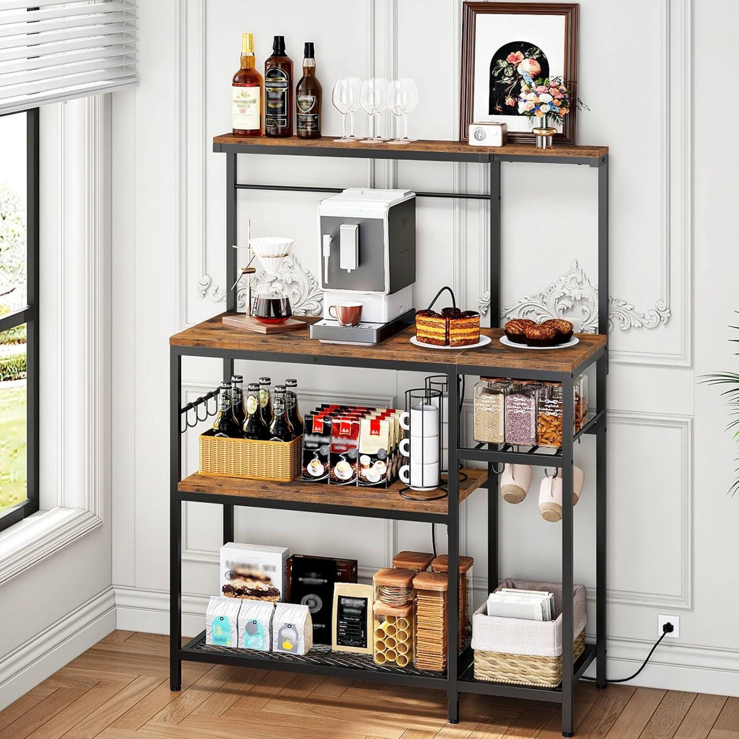 imageHOOBRO LShaped Bakers Rack with Power Outlet 4Tier Corner Microwave Stand with Storage Coffee Bar Station with 8 Hooks Kitchen Shelf Rack 2 Installation Methods Rustic Brown and Black BF20UHB01