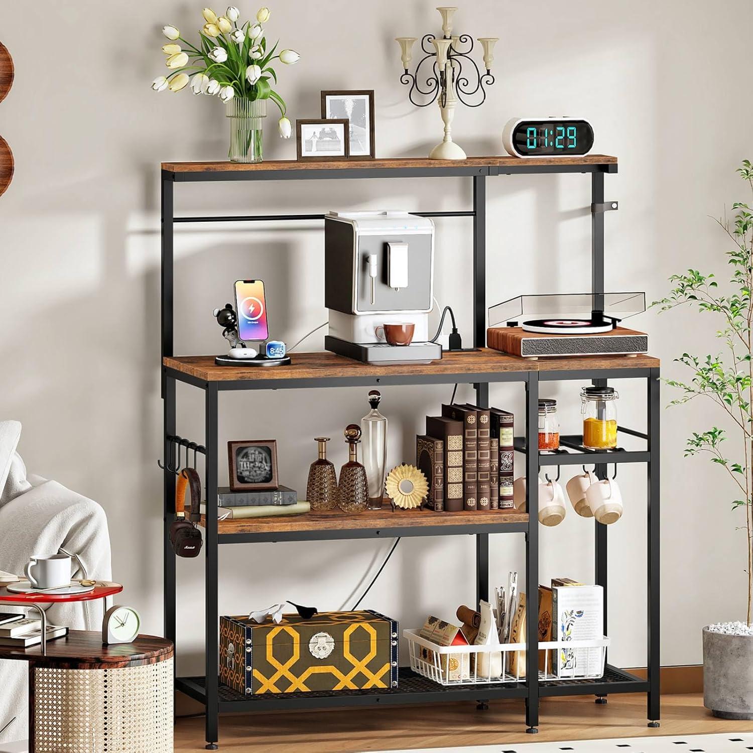 imageHOOBRO LShaped Bakers Rack with Power Outlet 4Tier Corner Microwave Stand with Storage Coffee Bar Station with 8 Hooks Kitchen Shelf Rack 2 Installation Methods Rustic Brown and Black BF20UHB01