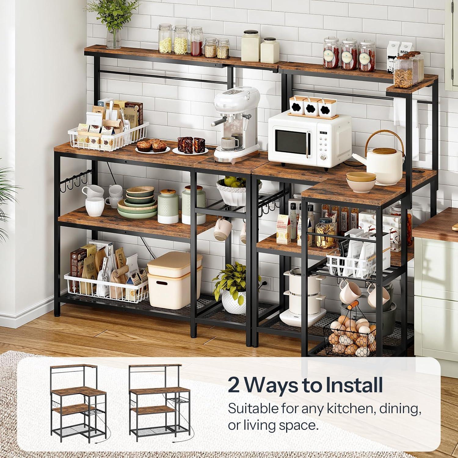 imageHOOBRO LShaped Bakers Rack with Power Outlet 4Tier Corner Microwave Stand with Storage Coffee Bar Station with 8 Hooks Kitchen Shelf Rack 2 Installation Methods Rustic Brown and Black BF20UHB01