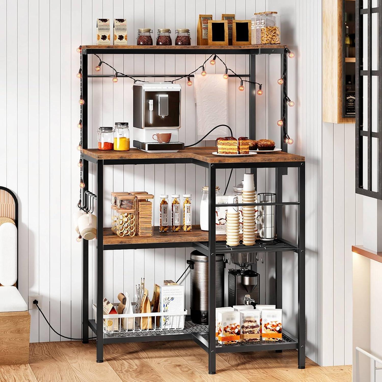 imageHOOBRO LShaped Bakers Rack with Power Outlet 4Tier Corner Microwave Stand with Storage Coffee Bar Station with 8 Hooks Kitchen Shelf Rack 2 Installation Methods Rustic Brown and Black BF20UHB01