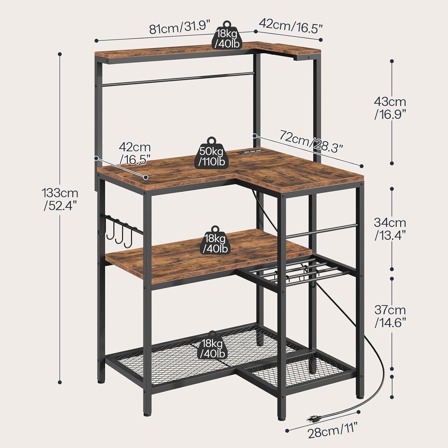 imageHOOBRO LShaped Bakers Rack with Power Outlet 4Tier Corner Microwave Stand with Storage Coffee Bar Station with 8 Hooks Kitchen Shelf Rack 2 Installation Methods Rustic Brown and Black BF20UHB01