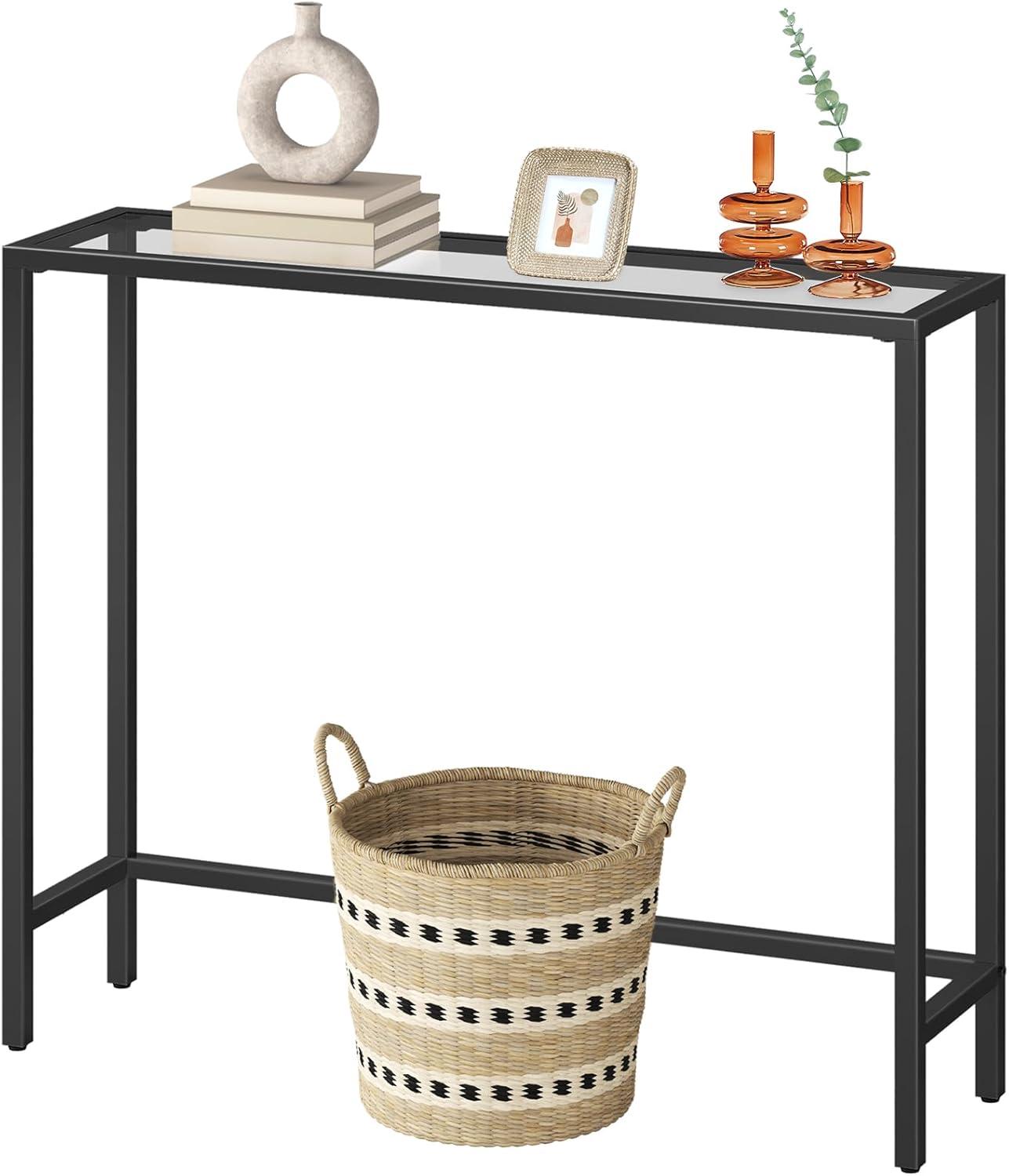 imageHOOBRO 295 Narrow Console Table Tempered Glass Entryway Table Modern Sofa Table Behind Couch Small Side Table for Entrance Living Room Foyer Hallway Bedroom Gold GD07XG01Black