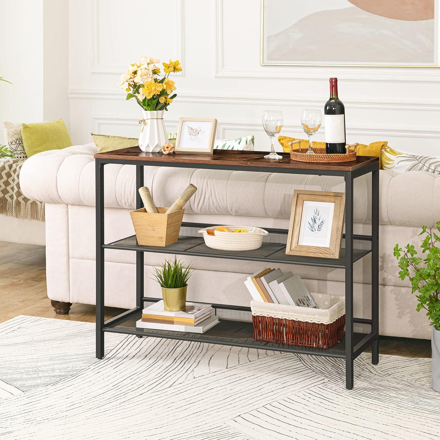 imageHOOBRO Console Table Sofa Table with 2 Flat or Slant Adjustable Mesh Shelves Hallway Table and Sideboard in Entryway Living Room Corridor Easy Assembly Industrial Rustic Brown and Black BF01XG01