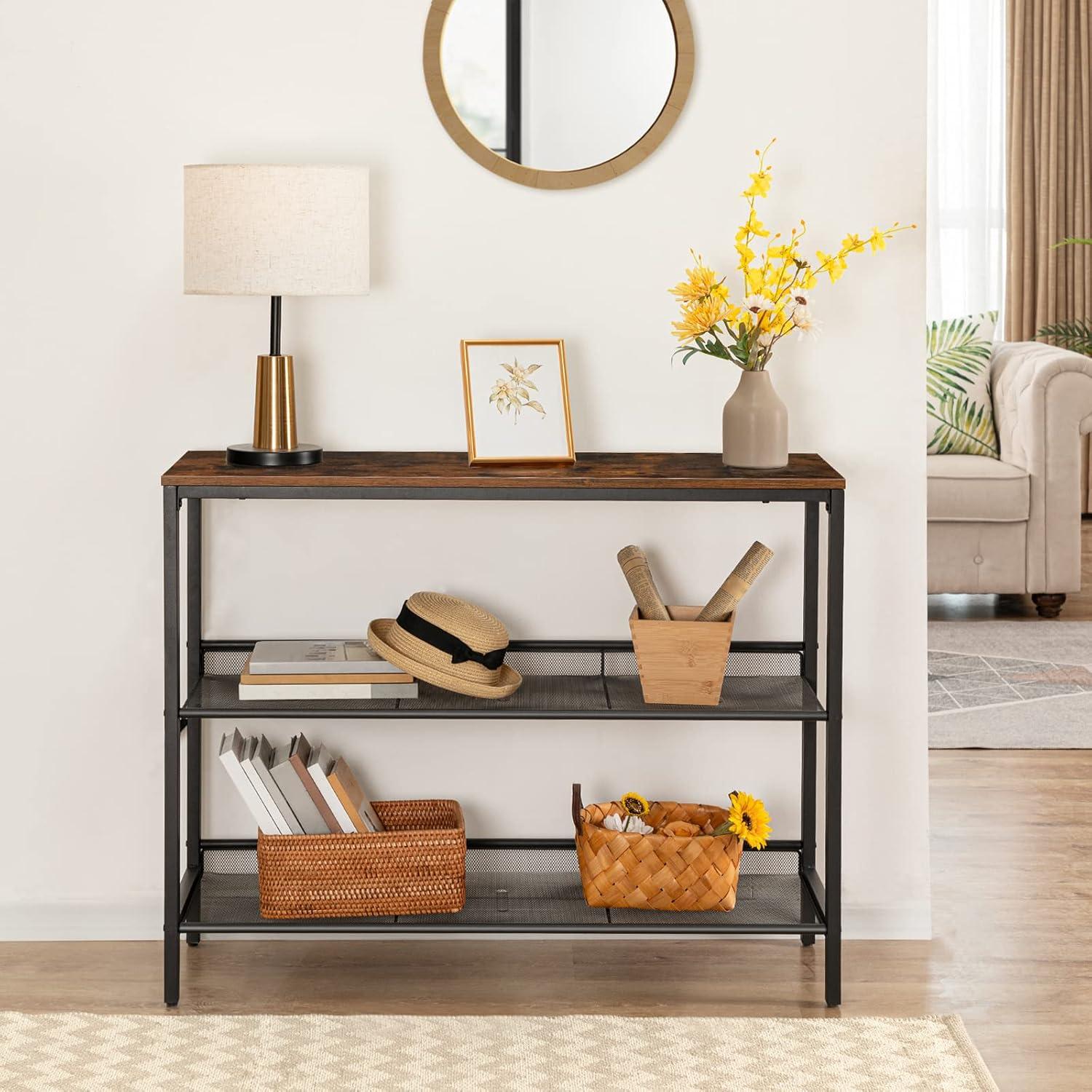 imageHOOBRO Console Table Sofa Table with 2 Flat or Slant Adjustable Mesh Shelves Hallway Table and Sideboard in Entryway Living Room Corridor Easy Assembly Industrial Rustic Brown and Black BF01XG01
