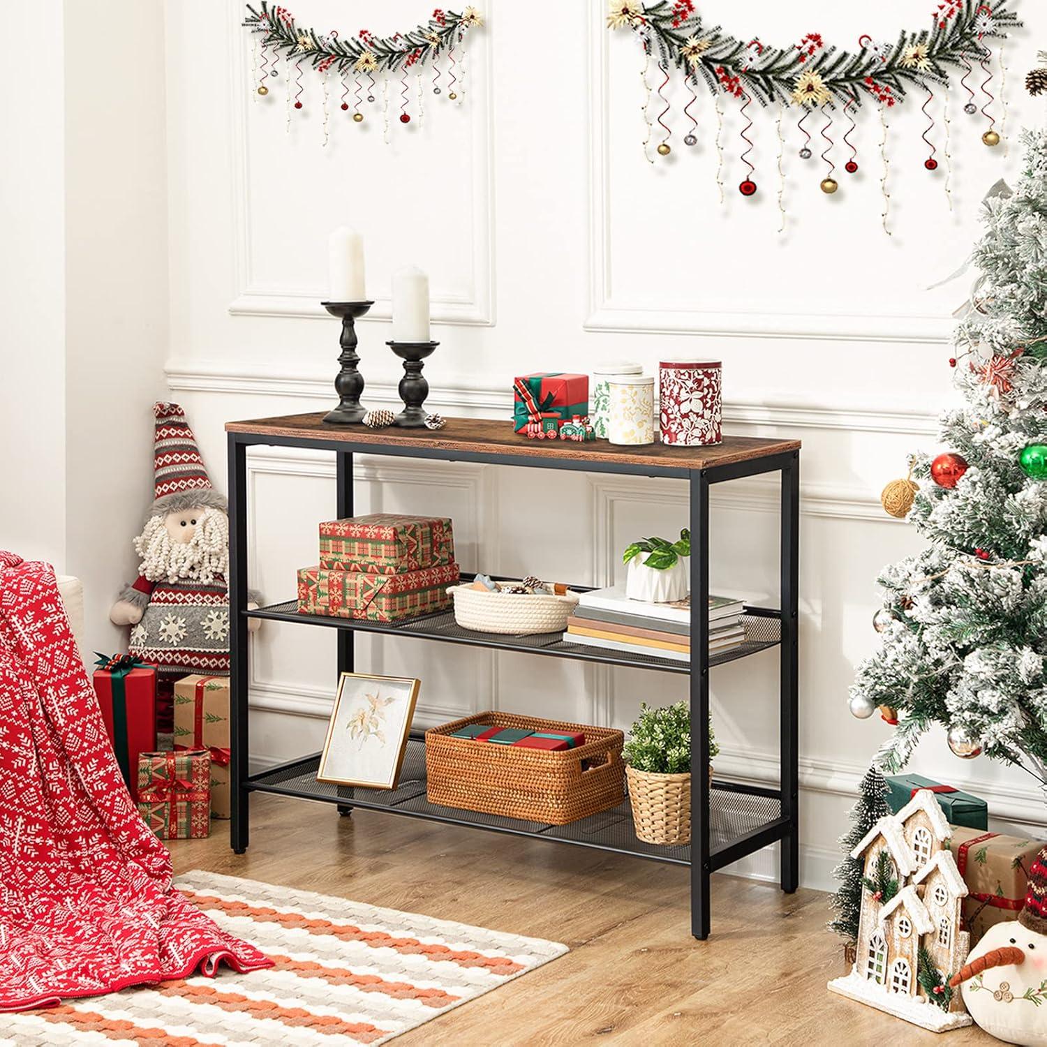 imageHOOBRO Console Table Sofa Table with 2 Flat or Slant Adjustable Mesh Shelves Hallway Table and Sideboard in Entryway Living Room Corridor Easy Assembly Industrial Rustic Brown and Black BF01XG01