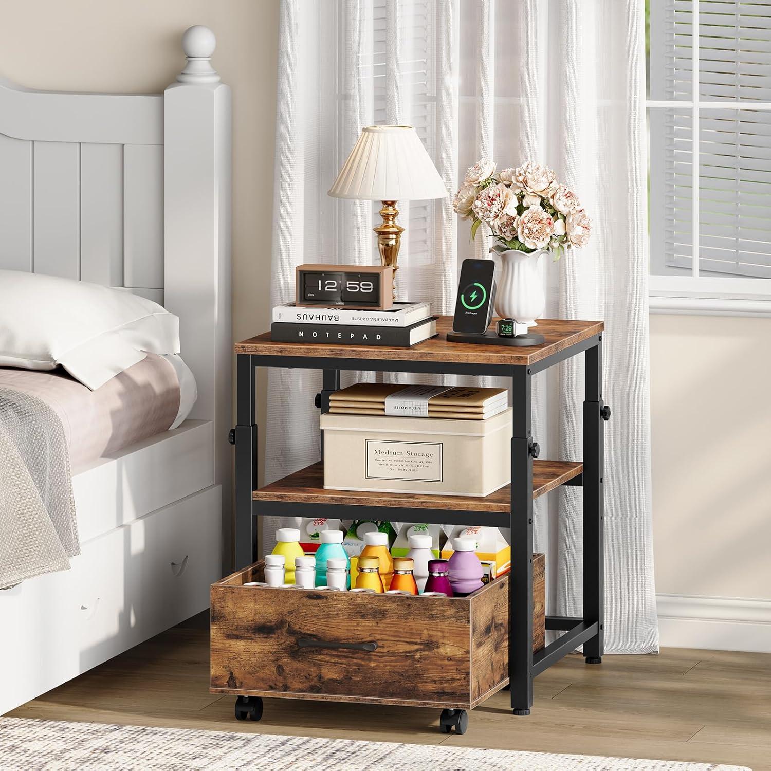 imageHOOBRO Mini Fridge Stand with Storage Basket HeightAdjustable Mini Fridge Cabinet Mini Fridge Stand with Wheels and Adjustable Feet for Kitchen Living Room Black BB455BX01Rustic Brown Black