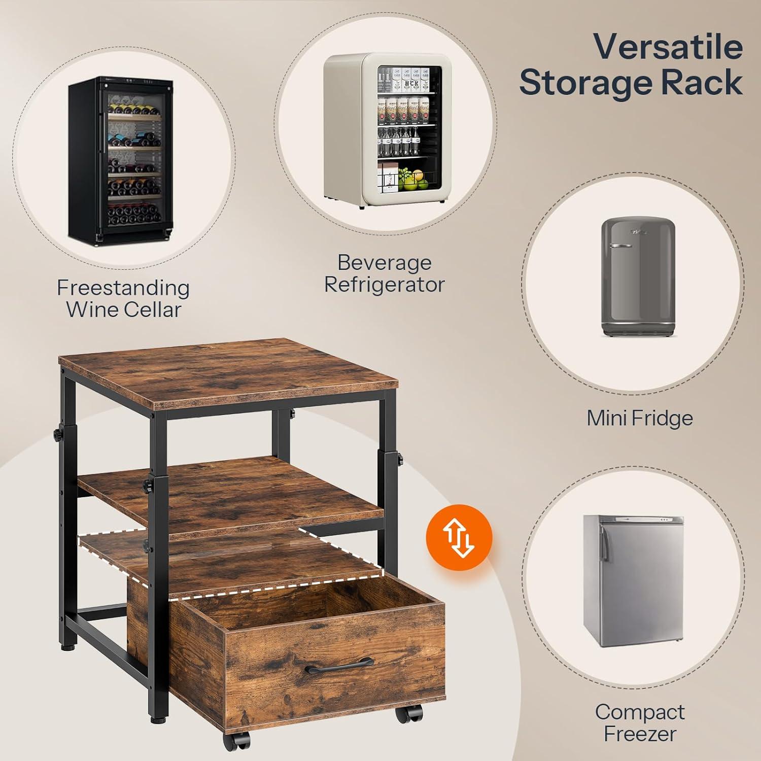 imageHOOBRO Mini Fridge Stand with Storage Basket HeightAdjustable Mini Fridge Cabinet Mini Fridge Stand with Wheels and Adjustable Feet for Kitchen Living Room Black BB455BX01Rustic Brown Black