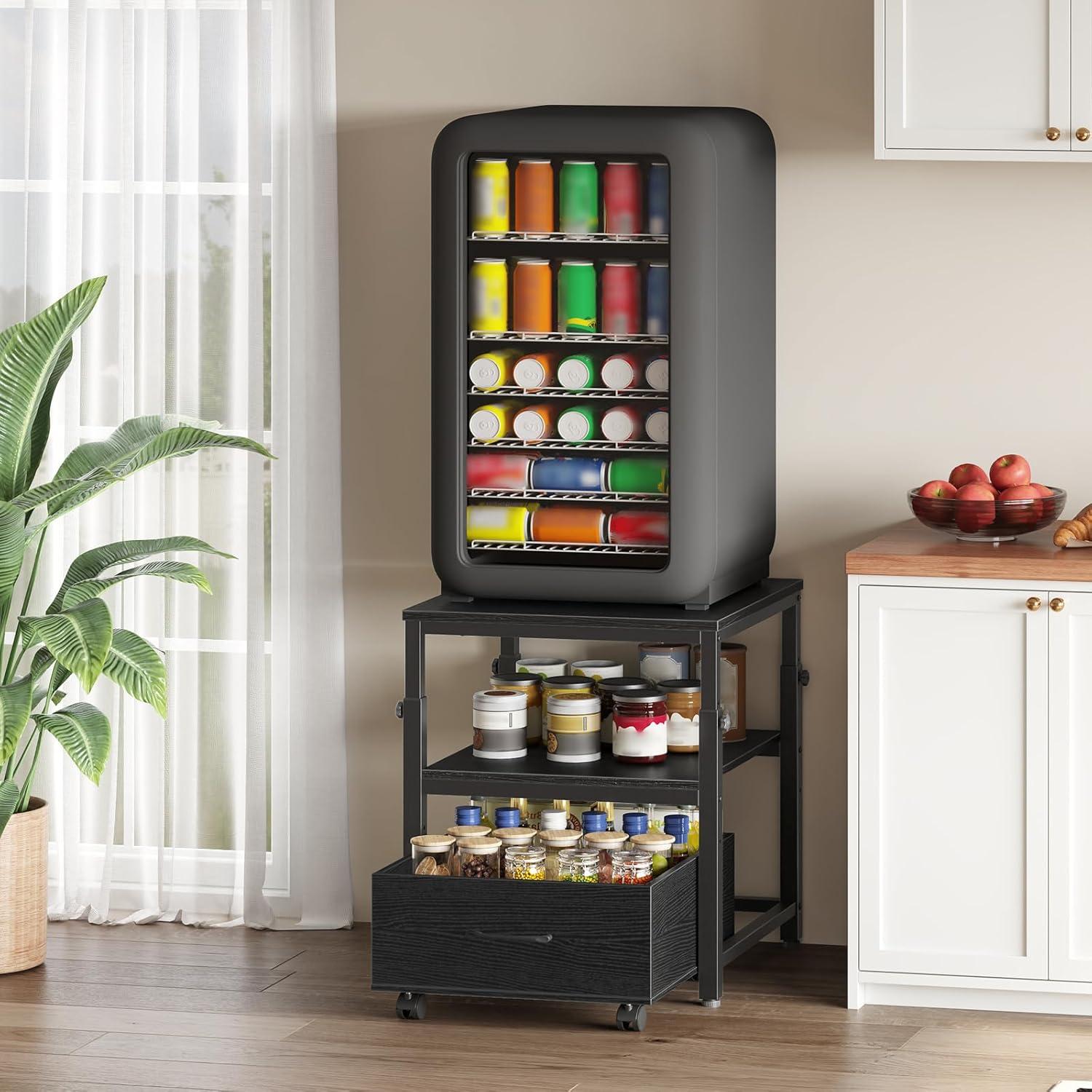 imageHOOBRO Mini Fridge Stand with Storage Basket HeightAdjustable Mini Fridge Cabinet Mini Fridge Stand with Wheels and Adjustable Feet for Kitchen Living Room Black BB455BX01Black
