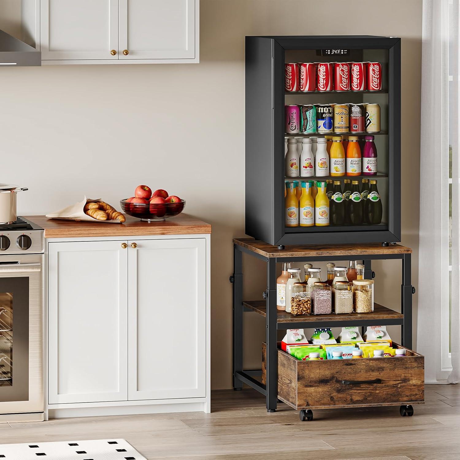 imageHOOBRO Mini Fridge Stand with Storage Basket HeightAdjustable Mini Fridge Cabinet Mini Fridge Stand with Wheels and Adjustable Feet for Kitchen Living Room Black BB455BX01Rustic Brown Black