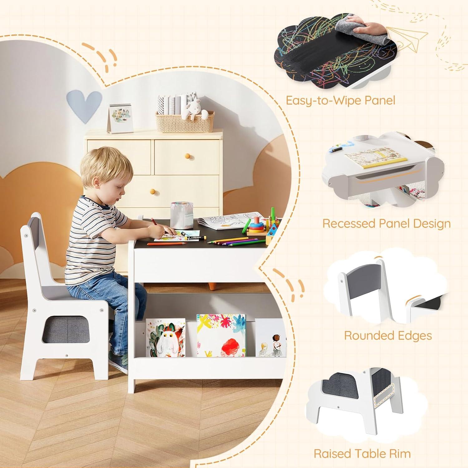 imageHOOBRO Kids Table and Chair Set 4in1 Toddle Table with Removable Tabletop Storage Wooden Activity Table with Side Racks Fabric Bins for Arts Crafts Reading Playroom White and Gray WG02KT01White Gray