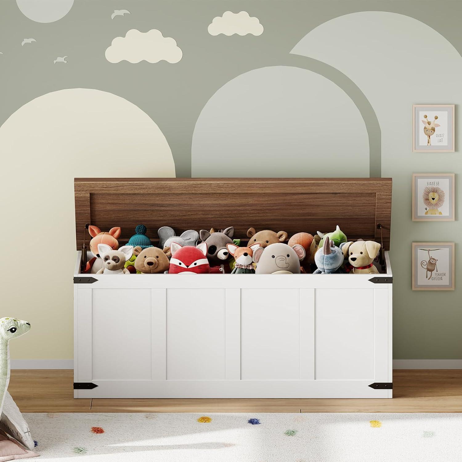 imageHOOBRO Storage Bench 472Toy Box Organizer with Safety Hinges Farmhouse Wooden Storage Chest for Hallway Bedroom Living Room Greige BG520CW01White Walnut