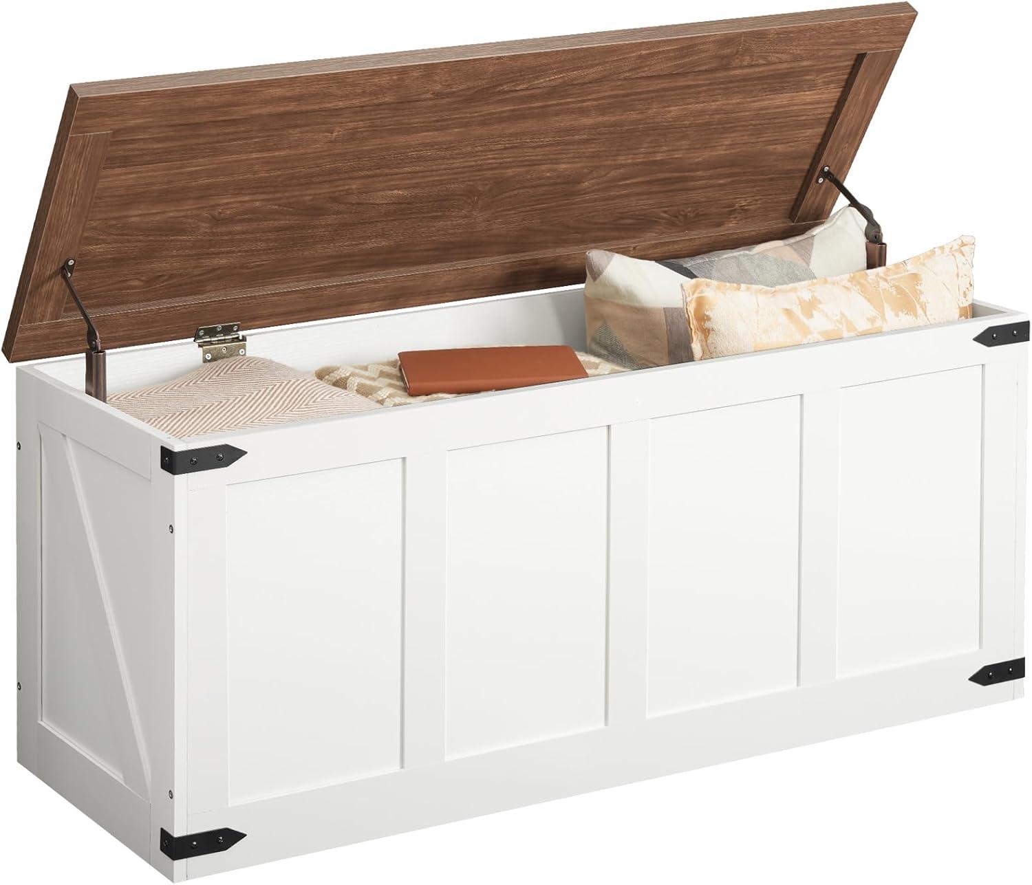 imageHOOBRO Storage Bench 472Toy Box Organizer with Safety Hinges Farmhouse Wooden Storage Chest for Hallway Bedroom Living Room Greige BG520CW01White Walnut