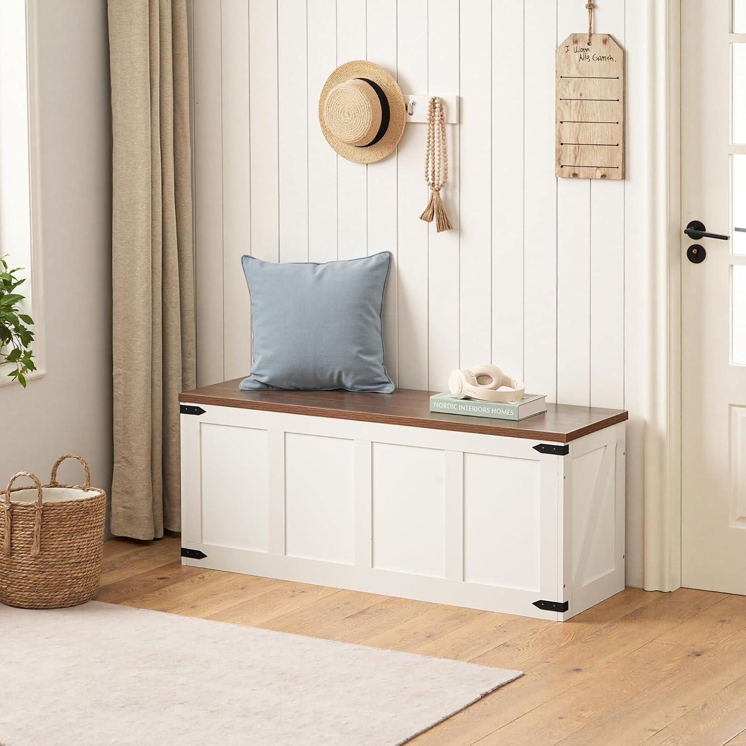 imageHOOBRO Storage Bench 472Toy Box Organizer with Safety Hinges Farmhouse Wooden Storage Chest for Hallway Bedroom Living Room Greige BG520CW01White Walnut