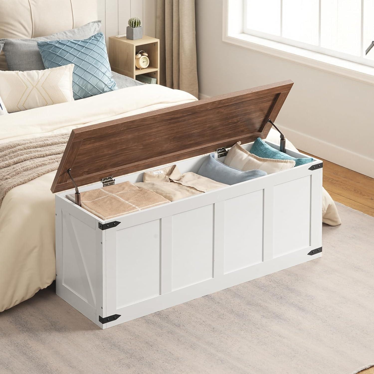 imageHOOBRO Storage Bench 472Toy Box Organizer with Safety Hinges Farmhouse Wooden Storage Chest for Hallway Bedroom Living Room Greige BG520CW01White Walnut