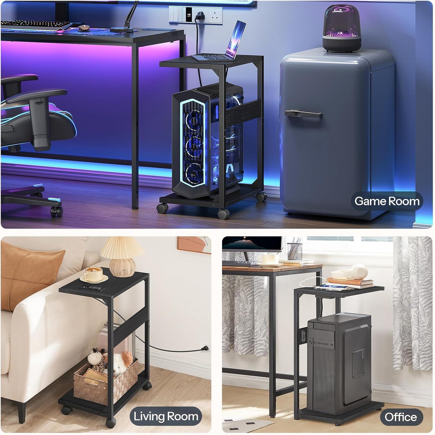 imageHOOBRO Computer Tower Stand PC Stand with Charging Station 2Tier PC Tower Stand with Locking Caster Wheels CPU Stand Fits Most PCs PC Stand for Floor for Home Office Rustic Brown BF01UCJ01G1Black