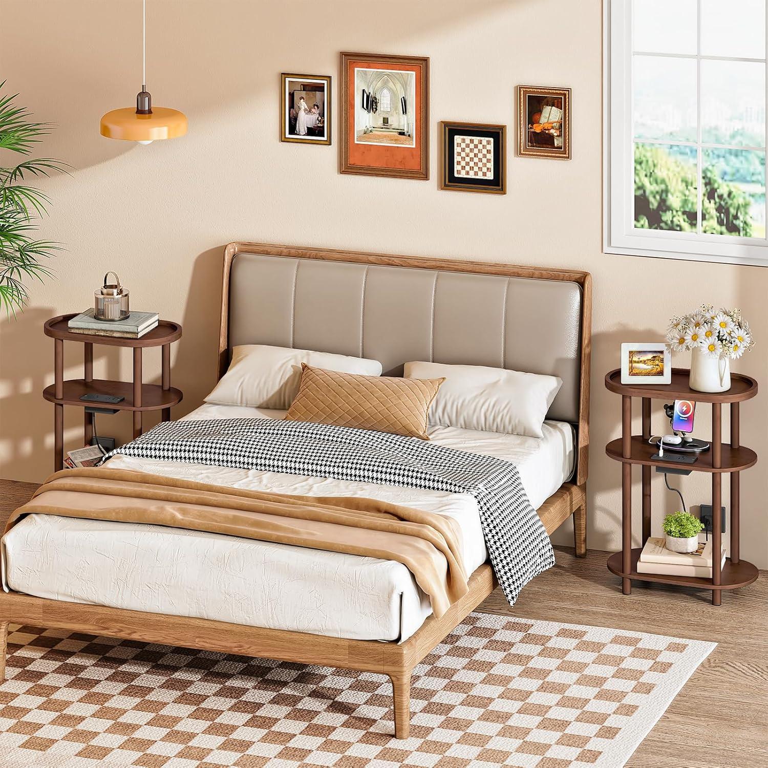 imageHOOBRO Small Narrow Side Table with Charging Station 3Tier Bamboo Narrow End Table Slim End Table for Small Spaces Skinny Oval Nightstand for Living Room Bedroom Apartment Mocha MA178UBZ01Mocha