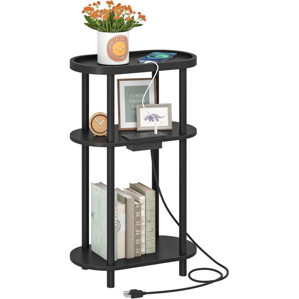 imageHOOBRO Small Narrow Side Table with Charging Station 3Tier Bamboo Narrow End Table Slim End Table for Small Spaces Skinny Oval Nightstand for Living Room Bedroom Apartment Mocha MA178UBZ01Black