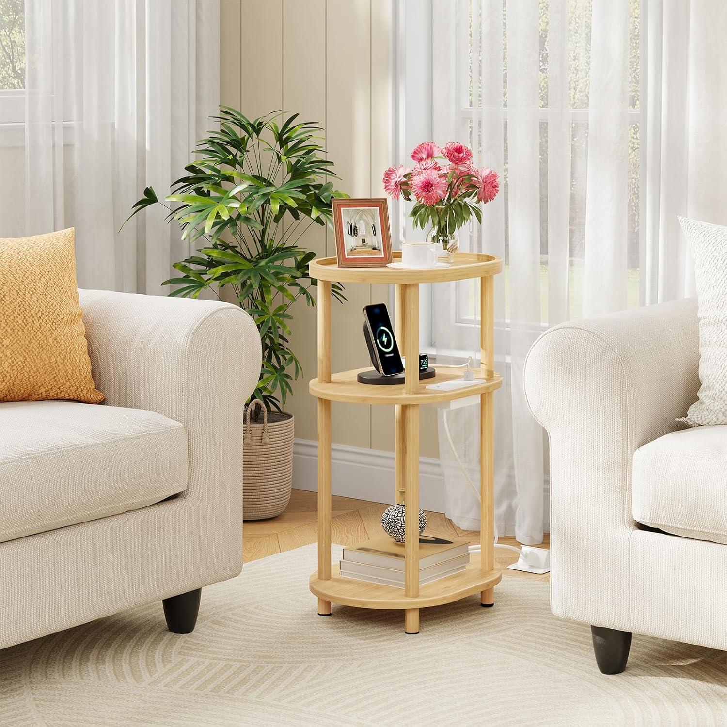 imageHOOBRO Small Side Table with Charging Station 3Tier Oval Bamboo End Table Accent Table Compact Sofa Bedside Table for Small Space for Living Room Bedroom Apartment Natural YL177UBZ01Natural
