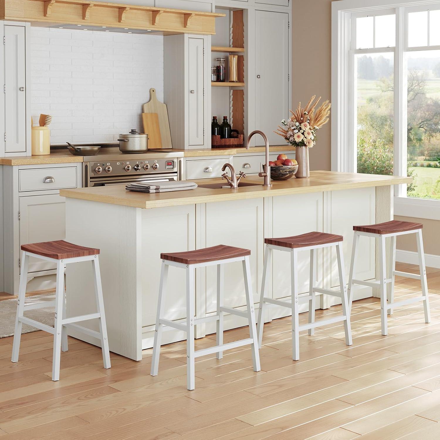 imageHOOBRO Bar Stools Set of 2 Bar Chairs 236 Inch Saddle Stools Kitchen Counter Seat with Footrests Industrial Barstools for Dining Room Kitchen Counter Bar Walnut and White HW02MD01Walnut White