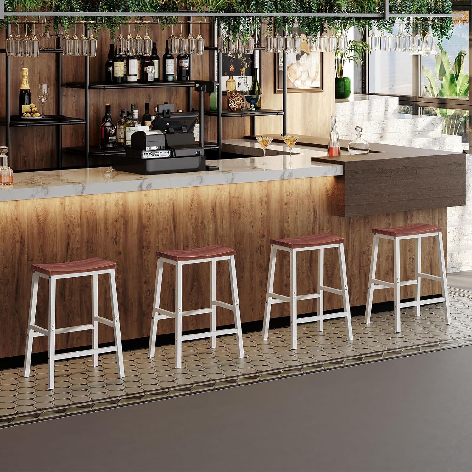 imageHOOBRO Bar Stools Set of 2 Bar Chairs 236 Inch Saddle Stools Kitchen Counter Seat with Footrests Industrial Barstools for Dining Room Kitchen Counter Bar Walnut and White HW02MD01Walnut White