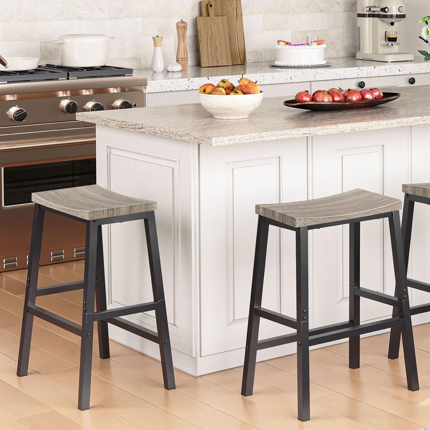 imageHOOBRO Bar Stools Set of 2 Bar Chairs 236 Inch Saddle Stools Kitchen Counter Seat with Footrests Industrial Barstools for Dining Room Kitchen Counter Bar Walnut and White HW02MD01Greige Black