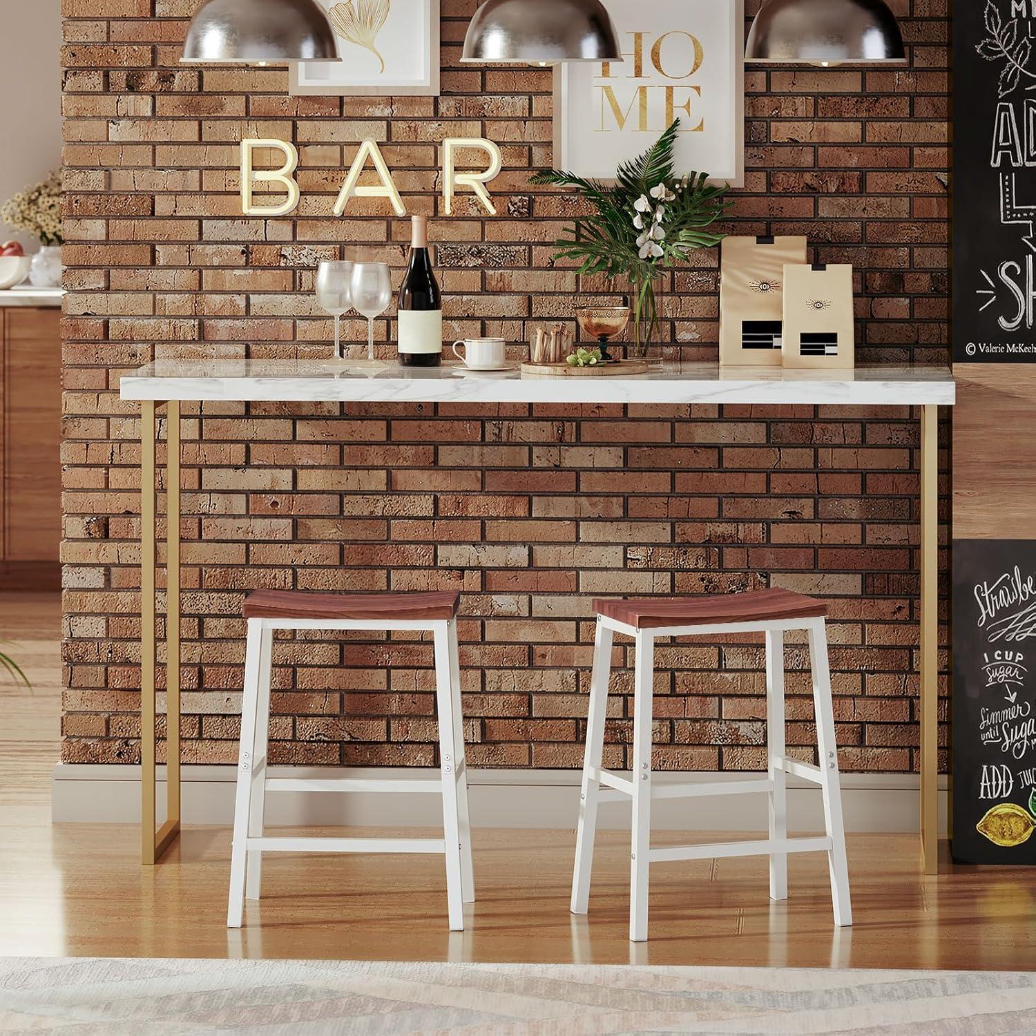 imageHOOBRO Bar Stools Set of 2 Bar Chairs 236 Inch Saddle Stools Kitchen Counter Seat with Footrests Industrial Barstools for Dining Room Kitchen Counter Bar Walnut and White HW02MD01Walnut White
