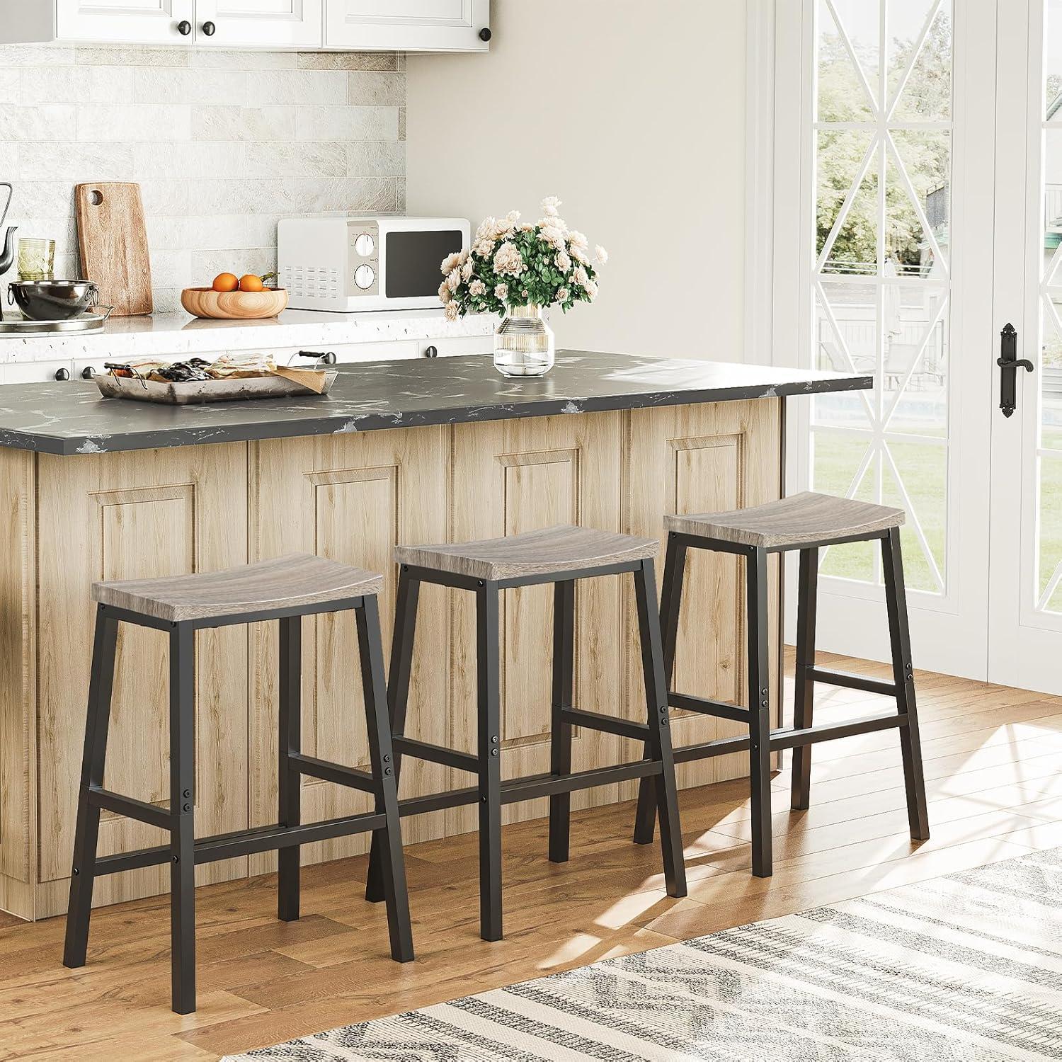 imageHOOBRO Bar Stools Set of 2 Bar Chairs 236 Inch Saddle Stools Kitchen Counter Seat with Footrests Industrial Barstools for Dining Room Kitchen Counter Bar Walnut and White HW02MD01Greige Black
