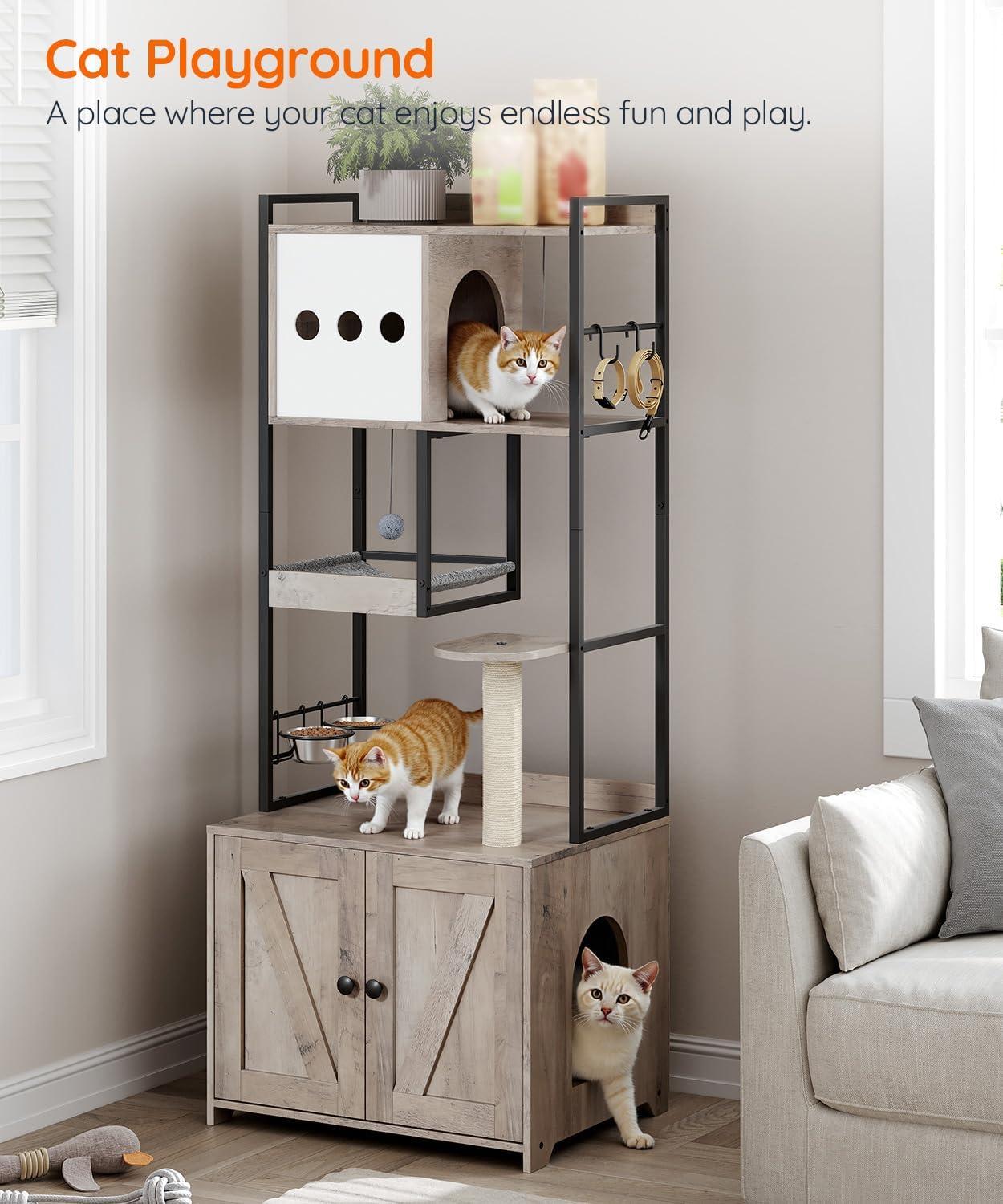 imageHOOBRO Cat Tree with Litter Box Enclosure 587 H Cat Tower with Hidden Litter Box Furniture with Scratching Post Step Hammock Multifunctional Pet Furniture with Food Bowls Greige BG30MZ03G1