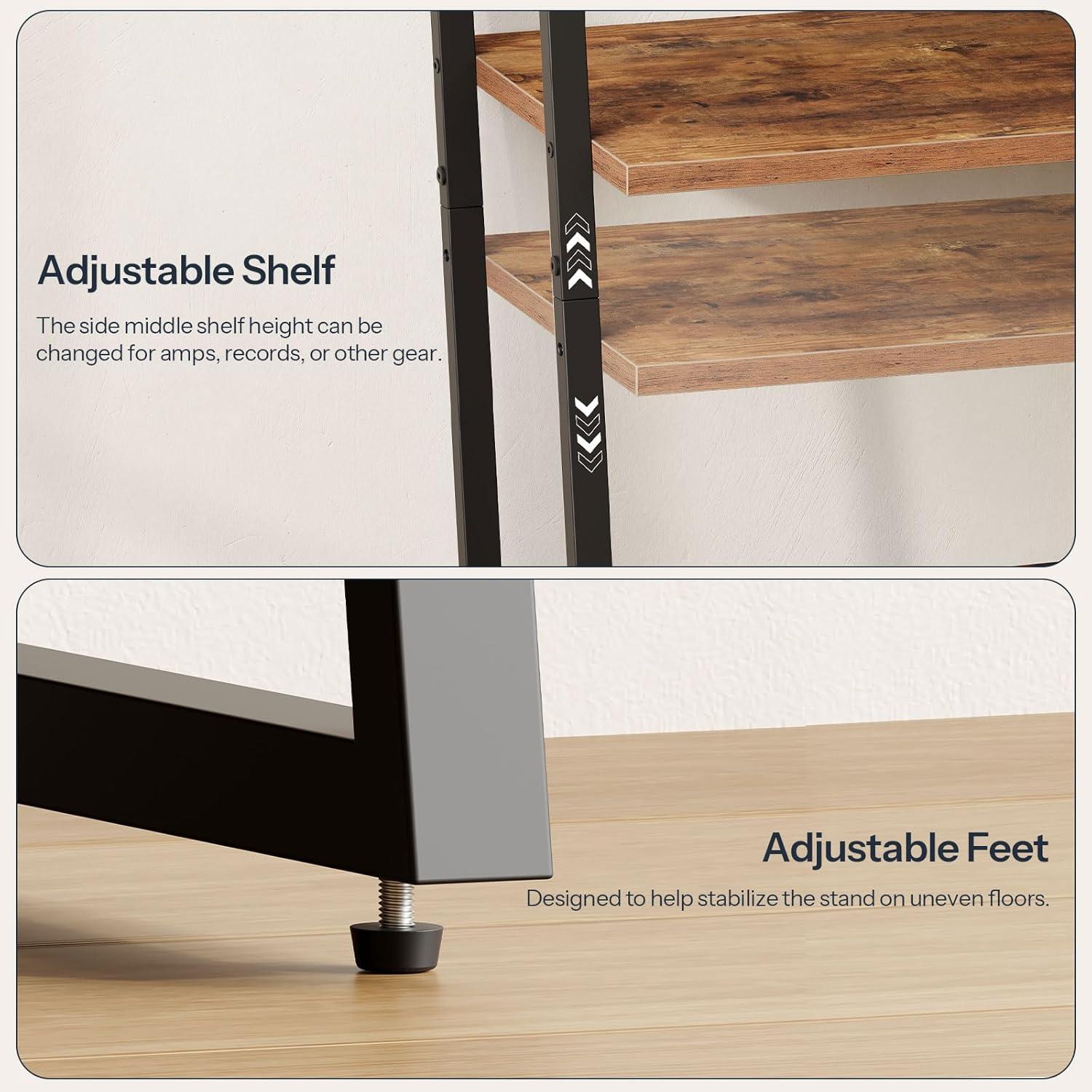 imageHOOBRO Guitar Stand 3Tier Guitar Rack with Adjustable Shelf for Record Player MultiFunction Guitar Stand Suitable for Acoustic Electric Bass 56 Instruments Rustic Brown and Black BF03JT01