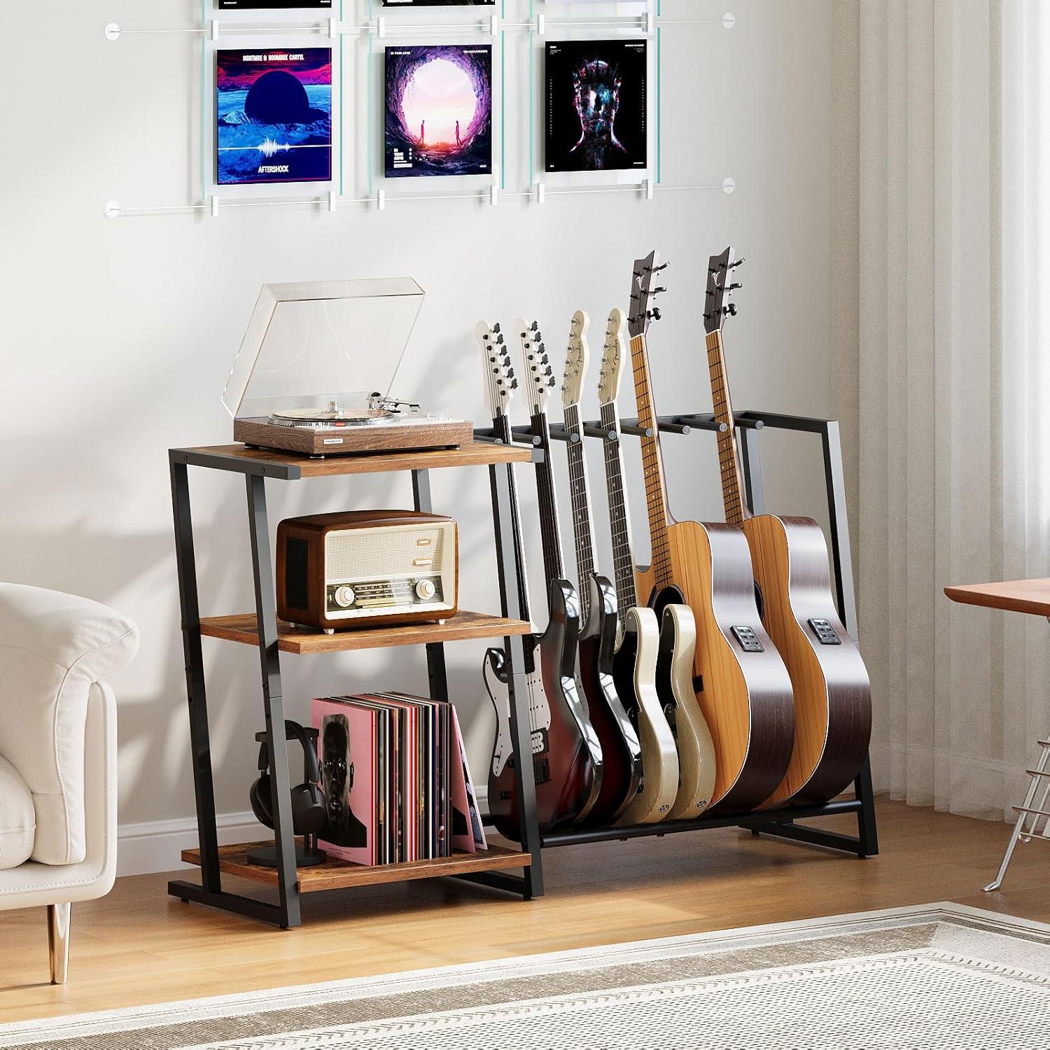 imageHOOBRO Guitar Stand 3Tier Guitar Rack with Adjustable Shelf for Record Player MultiFunction Guitar Stand Suitable for Acoustic Electric Bass 56 Instruments Rustic Brown and Black BF03JT01