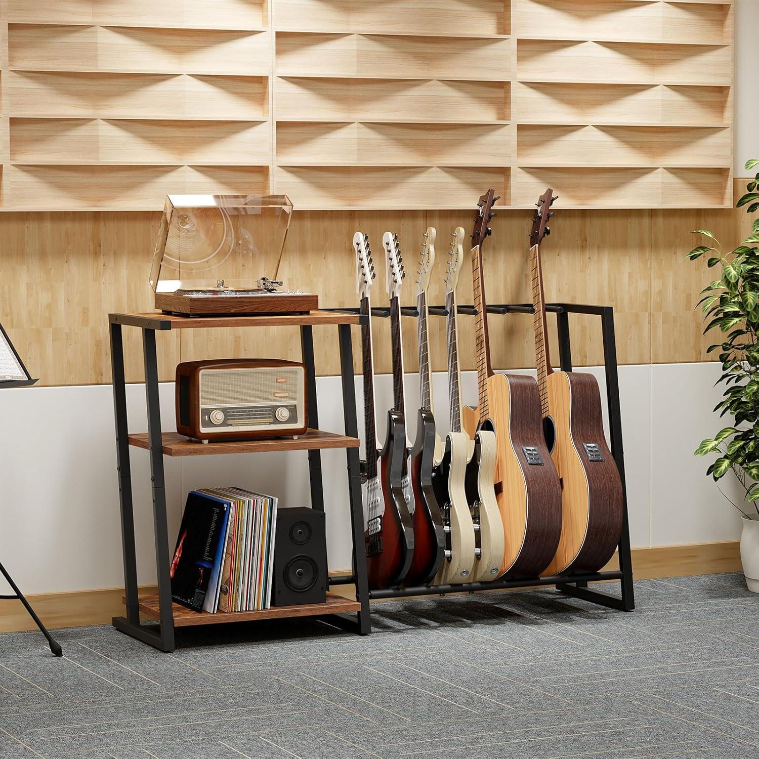 imageHOOBRO Guitar Stand 3Tier Guitar Rack with Adjustable Shelf for Record Player MultiFunction Guitar Stand Suitable for Acoustic Electric Bass 56 Instruments Rustic Brown and Black BF03JT01