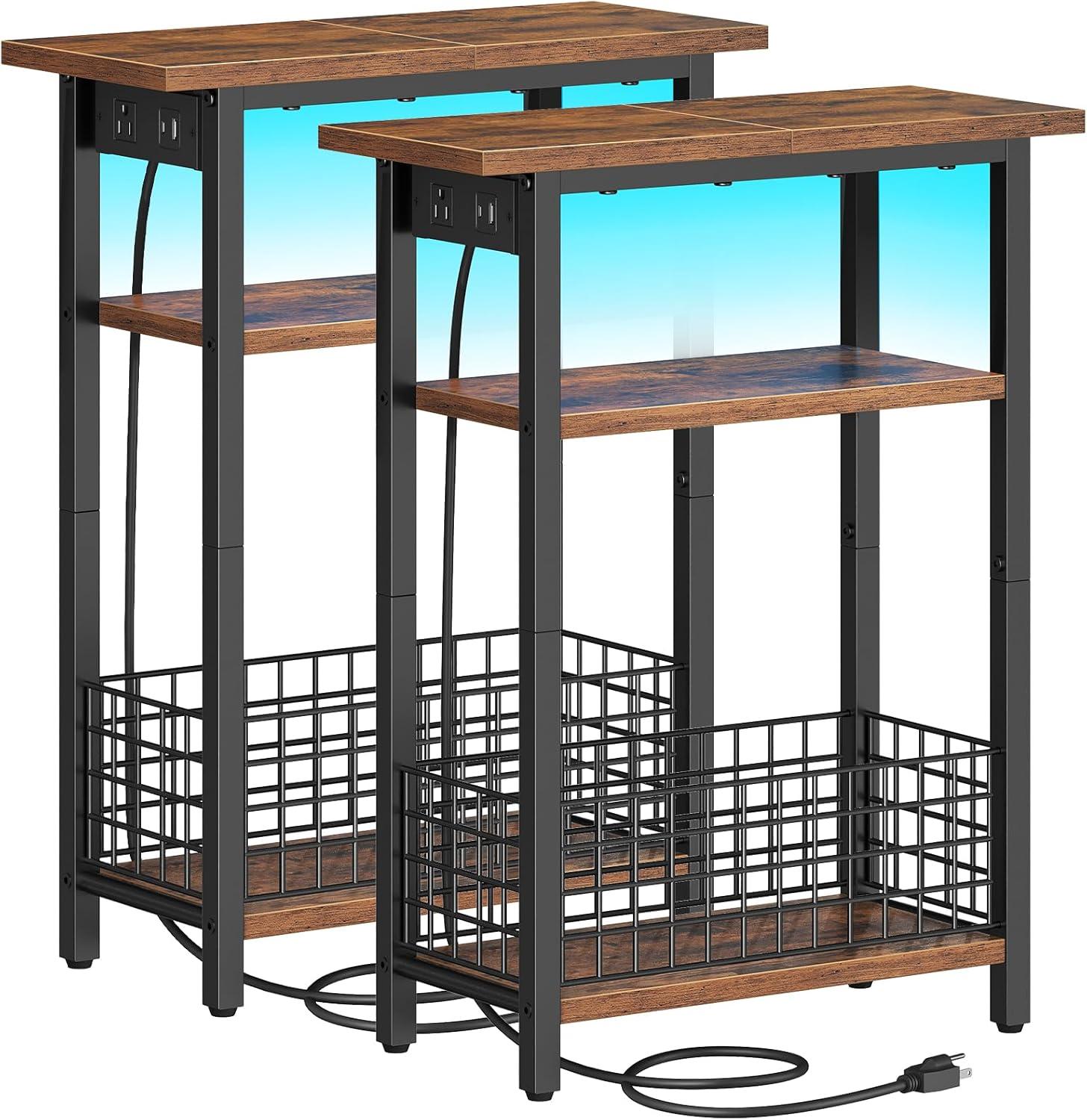 imageHOOBRO Narrow Side Table with Charging Station and LED Light Small End Table with Storage Skinny Nightstand with USB Port Slim Bedside Table for Small Spaces Living Room Greige BG242UDBZ01Rustic Brown Black