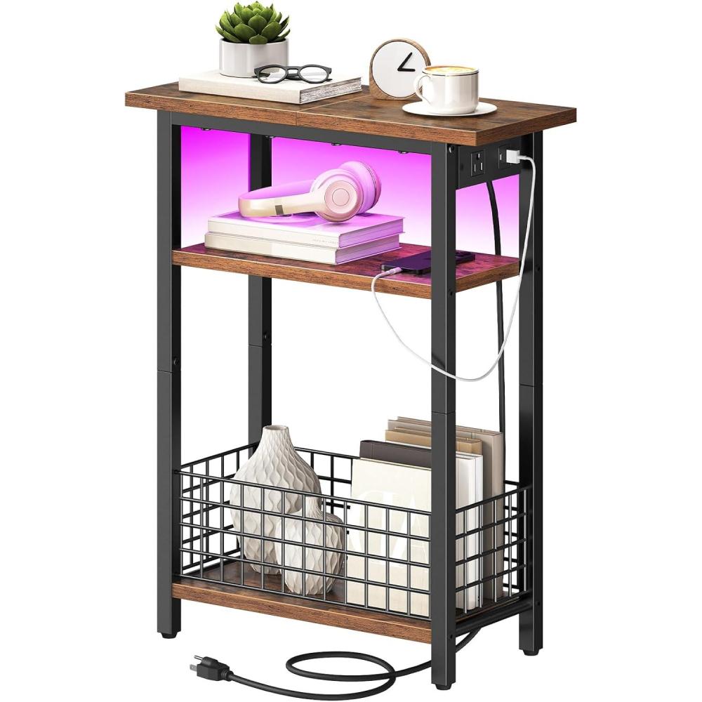 imageHOOBRO Narrow Side Table with Charging Station and LED Light Small End Table with Storage Skinny Nightstand with USB Port Slim Bedside Table for Small Spaces Living Room Greige BG242UDBZ01Rustic Brown  Black