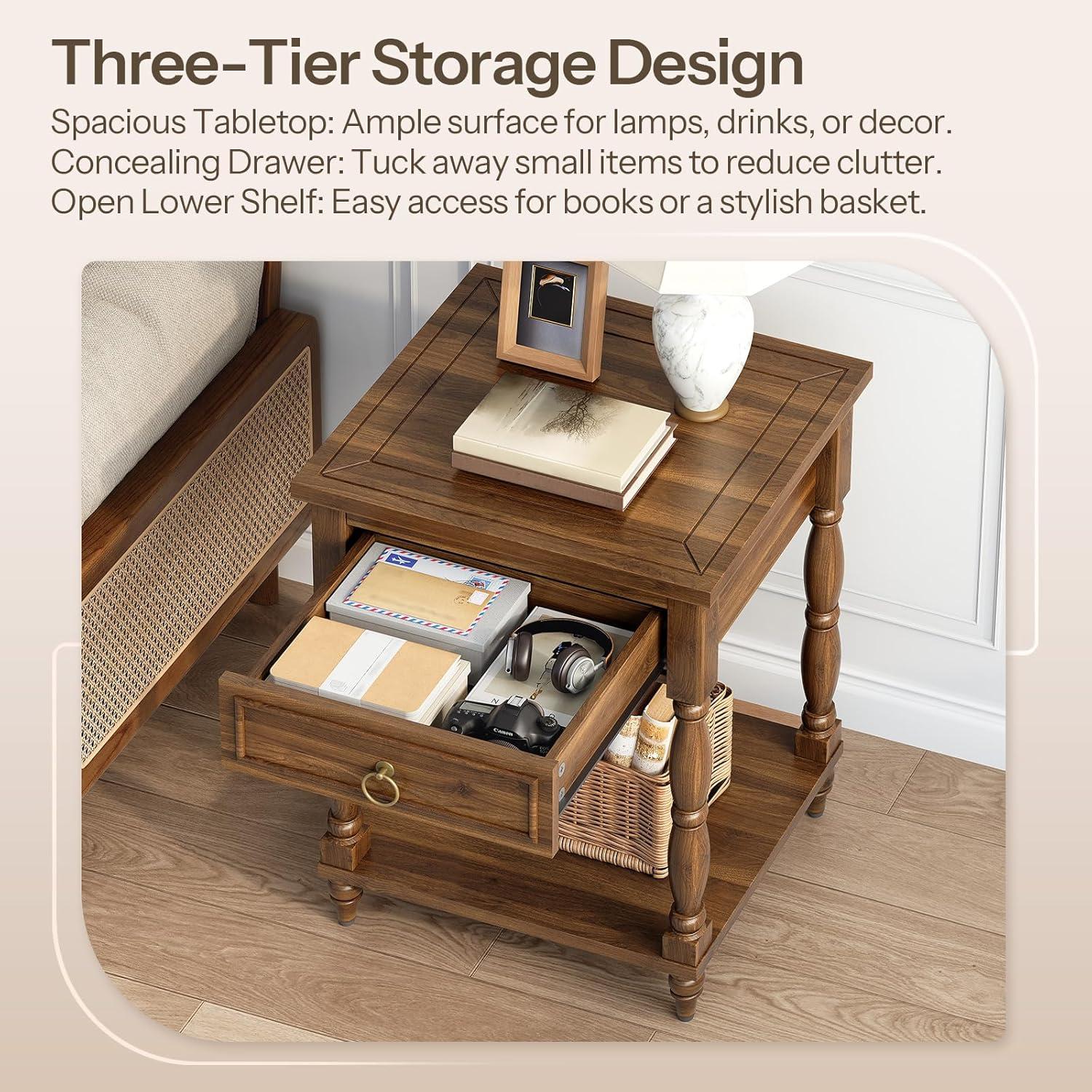 imageHOOBRO Nightstand with Drawer Solid Wood Legs End Table Small Side Table with Storage 2Tier Sofa Table for Bedroom Study Walnut WL260BZ01