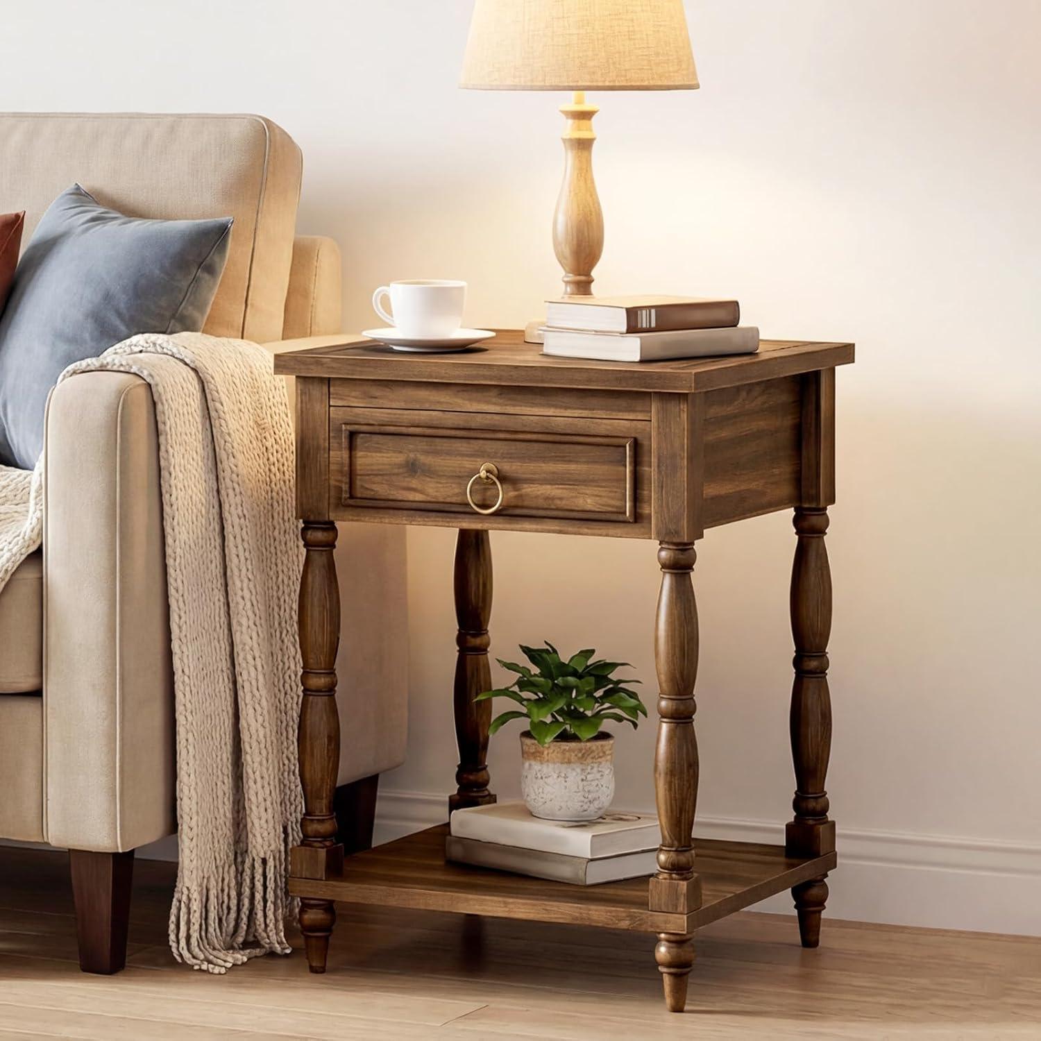 imageHOOBRO Nightstand with Drawer Solid Wood Legs End Table Small Side Table with Storage 2Tier Sofa Table for Bedroom Study Walnut WL260BZ01