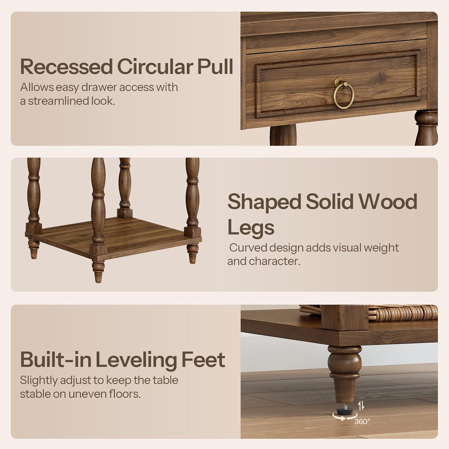 imageHOOBRO Nightstand with Drawer Solid Wood Legs End Table Small Side Table with Storage 2Tier Sofa Table for Bedroom Study Walnut WL260BZ01