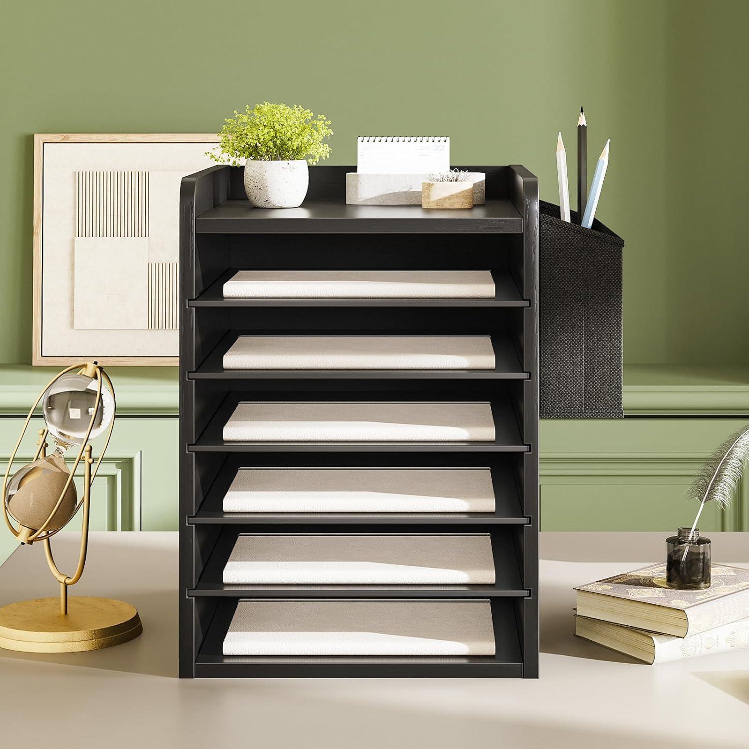 imageHOOBRO Adjustable Countertop Mail Sorter 6 Tier Wooden Paper Organizer Vertical Literature Organizer with Side Storage Office Mailbox Cubbies Classroom Mailbox for Home Office Black BB34WF01Black