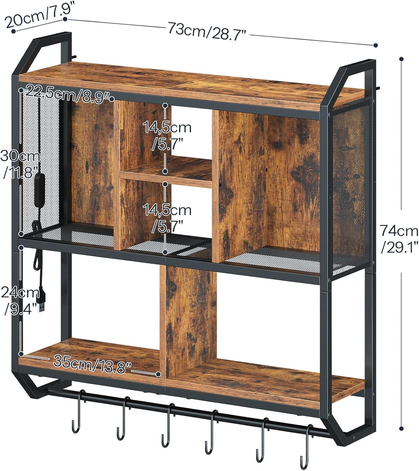 imageHOOBRO Gaming Floating Shelves with LED Lights 287 LED Wall Mounted Shelf 3Tier Display Rack for Wall Storage Floating Rack with Hanging Rod and 6 SHooks Rustic Brown and Black BF70DBJ01Rustic Brown Black