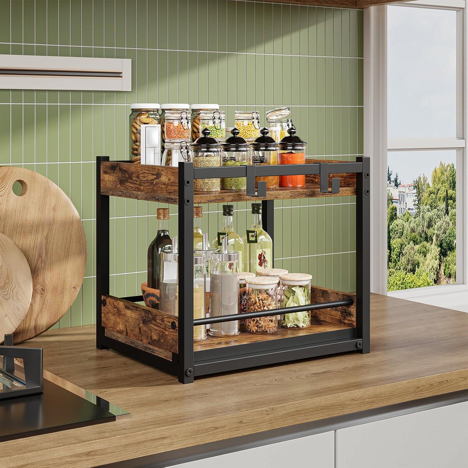 imageHOOBRO Kitchen Countertop Organizer Corner Shelf Organizer 2Tier Spice Rack with PullOut Shelf and Hooks for Kitchen Office Study Bedroom Living Room Rustic Brown and Black BF08TL01