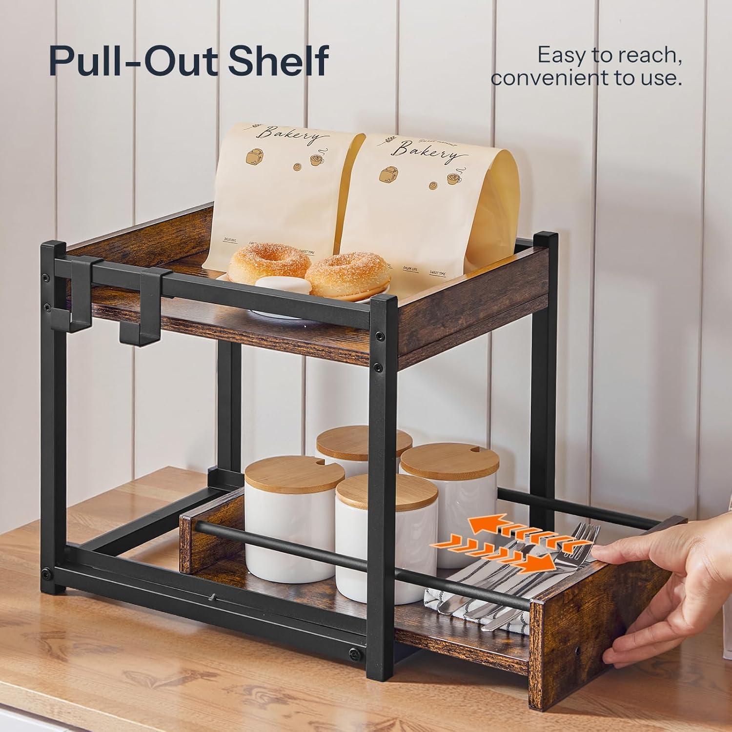 imageHOOBRO Kitchen Countertop Organizer Corner Shelf Organizer 2Tier Spice Rack with PullOut Shelf and Hooks for Kitchen Office Study Bedroom Living Room Rustic Brown and Black BF08TL01