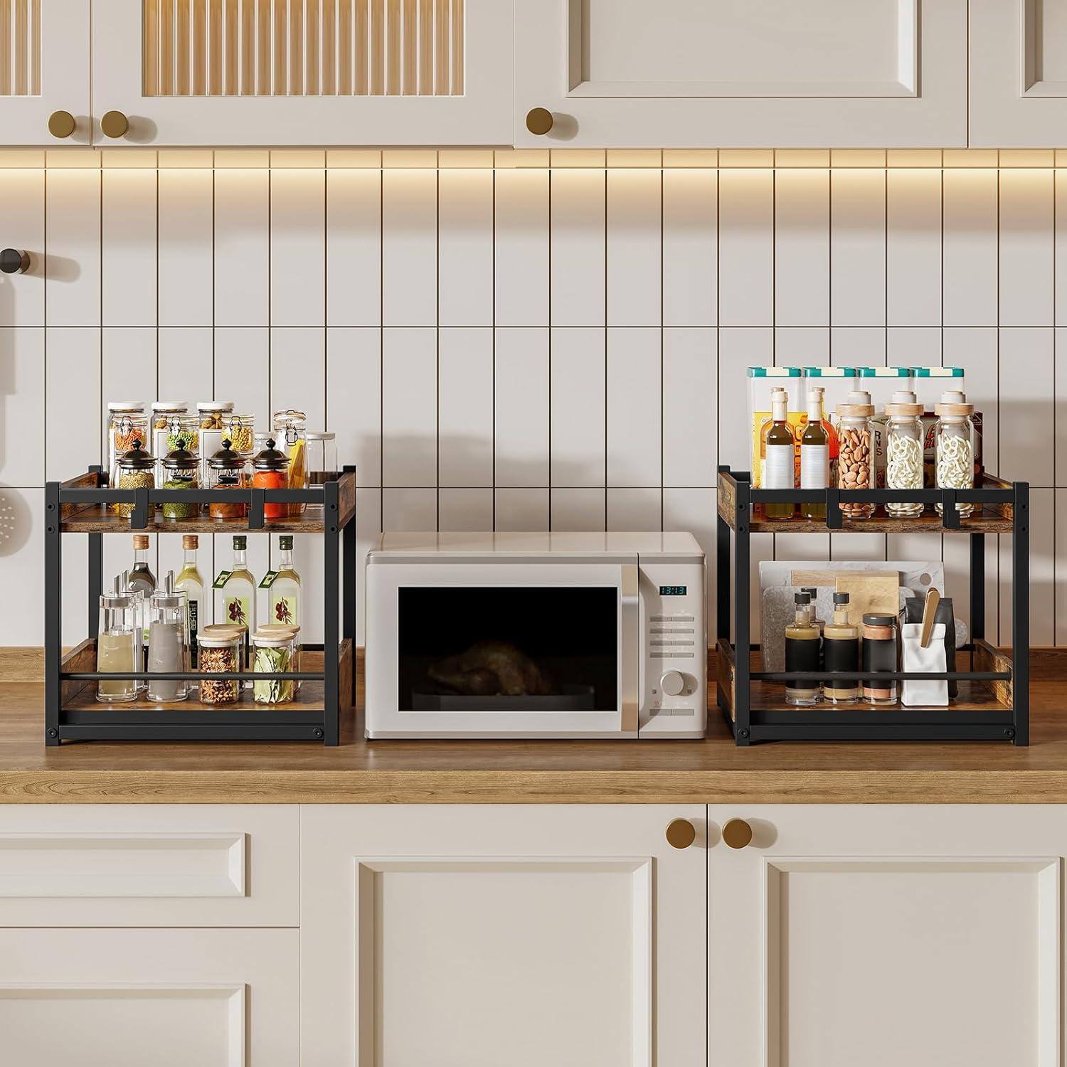imageHOOBRO Kitchen Countertop Organizer Corner Shelf Organizer 2Tier Spice Rack with PullOut Shelf and Hooks for Kitchen Office Study Bedroom Living Room Rustic Brown and Black BF08TL01