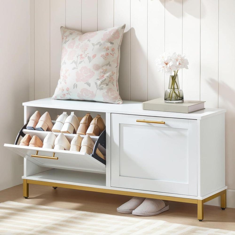 imageHOOBRO Shoe Bench with Storage Shoe Storage Bench with 2 Flip Drawers 394 Shoe Cabinet with Bench Hidden Shoe Rack Organizer for Entryway Foyer Hallway Mudroom Black and Gold DB48HX01White  Gold