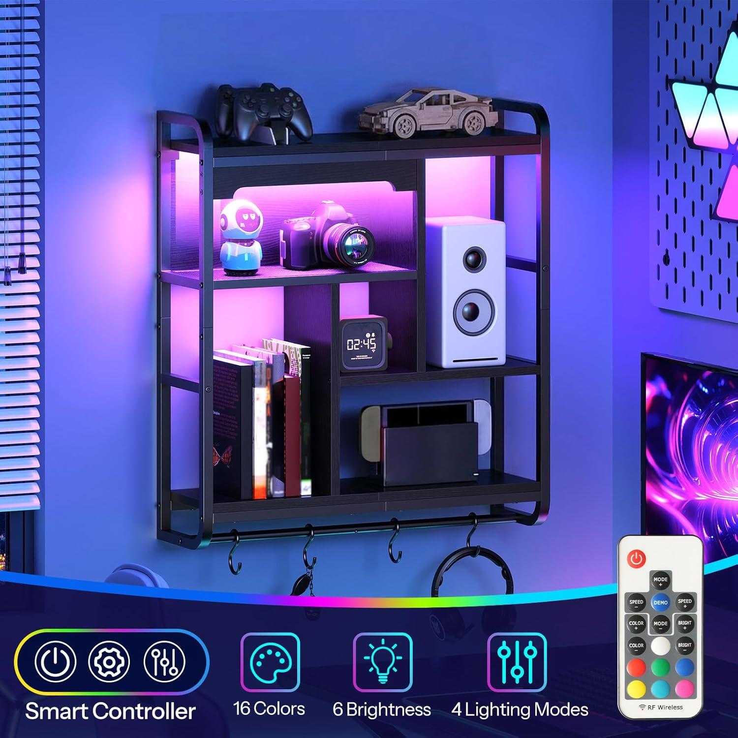 imageHOOBRO Gaming Floating Shelves with LED Lights 264 LED Wall Mounted Shelf Modern Corner Shelf 3Tier Display Rack for Wall Storage Arched Design for Kitchen Living Room Study Black BB44DBJ01Black